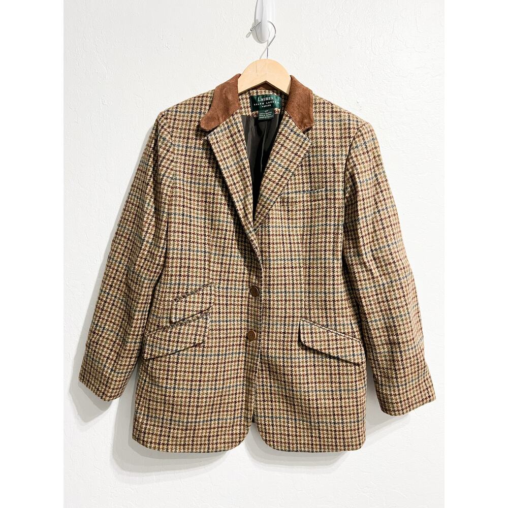 Lauren Ralph Blazer Jacket 12P Houndstooth Brown Suede Wool Preppy Vintage - Picture 5 of 9